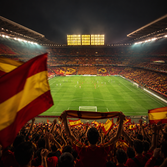 Aficionados con colores de España siguiendo un gran partido nocturno en el estadio