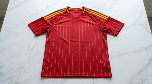 Camiseta roja de la selección española para el Mundial 2026 con rayas amarillas de adidas